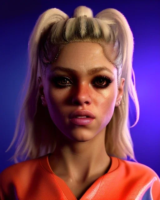 portrait, Shakira, blonde artist, angry, Realistic image, boxing robe, hoodie, mouthguard. loose long hair, eyes make up, perfect, glow, circle iris. Neon colors, leds, geometric shapes. Dark background, photo studio, neon lights. concept art, smooth, unreal engine 5, god lights, ray tracing, RTX, lumen lighting, ultra detail, volumetric lighting, 3d, finely drawn, high definition, 4k.