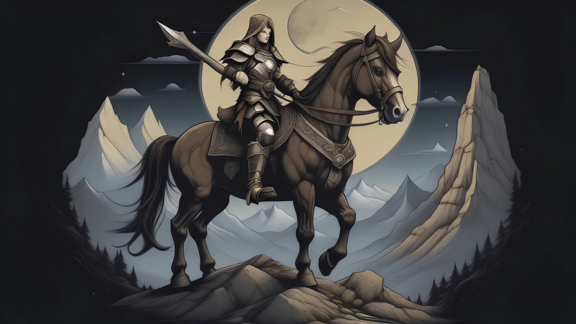 Khnight with shield and sword in hands on horse in mountains, next to big poop sketch