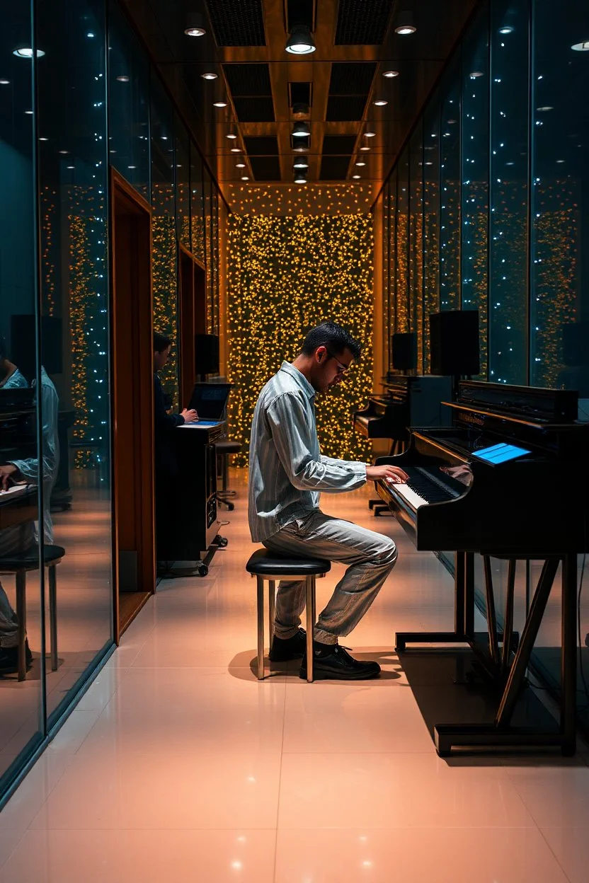 The whole body of Maniquí de glassy hallway with small colored lights Artist mader playing the piano with a sound studio gears and several hi tech gears and lighting in the background