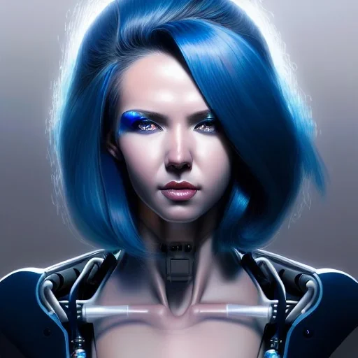 hiper realista, hiper detalhado, retrato visto da cintura para cima, no estilo cyberpunk, de uma mulher incrivelmente bonita com implantes biônicos, cabelos azuis, olhos brilhantes, arte de greg rutkowski, artgerm, wlop, rossdraws, boris vallejo