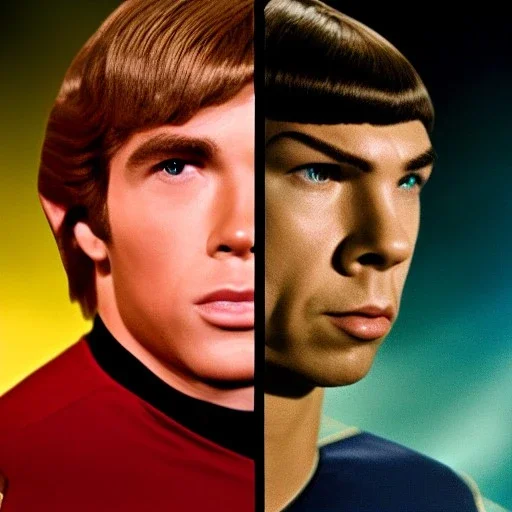 Young James T. Kirk with Spock, in the style of Star Trek II, realistic, 8k, cinematic, dramatic light, full body, cinematic, photo realistic, portrait Photography, Depth of Field, hyper-detailed, beautifully color-coded, insane details, intricate details, beautifully color graded, Cinematic, Color Grading, Editorial Photography, Photography, Photoshoot, Shot on 85mm lens, Shutter Speed 1/500, F/2,