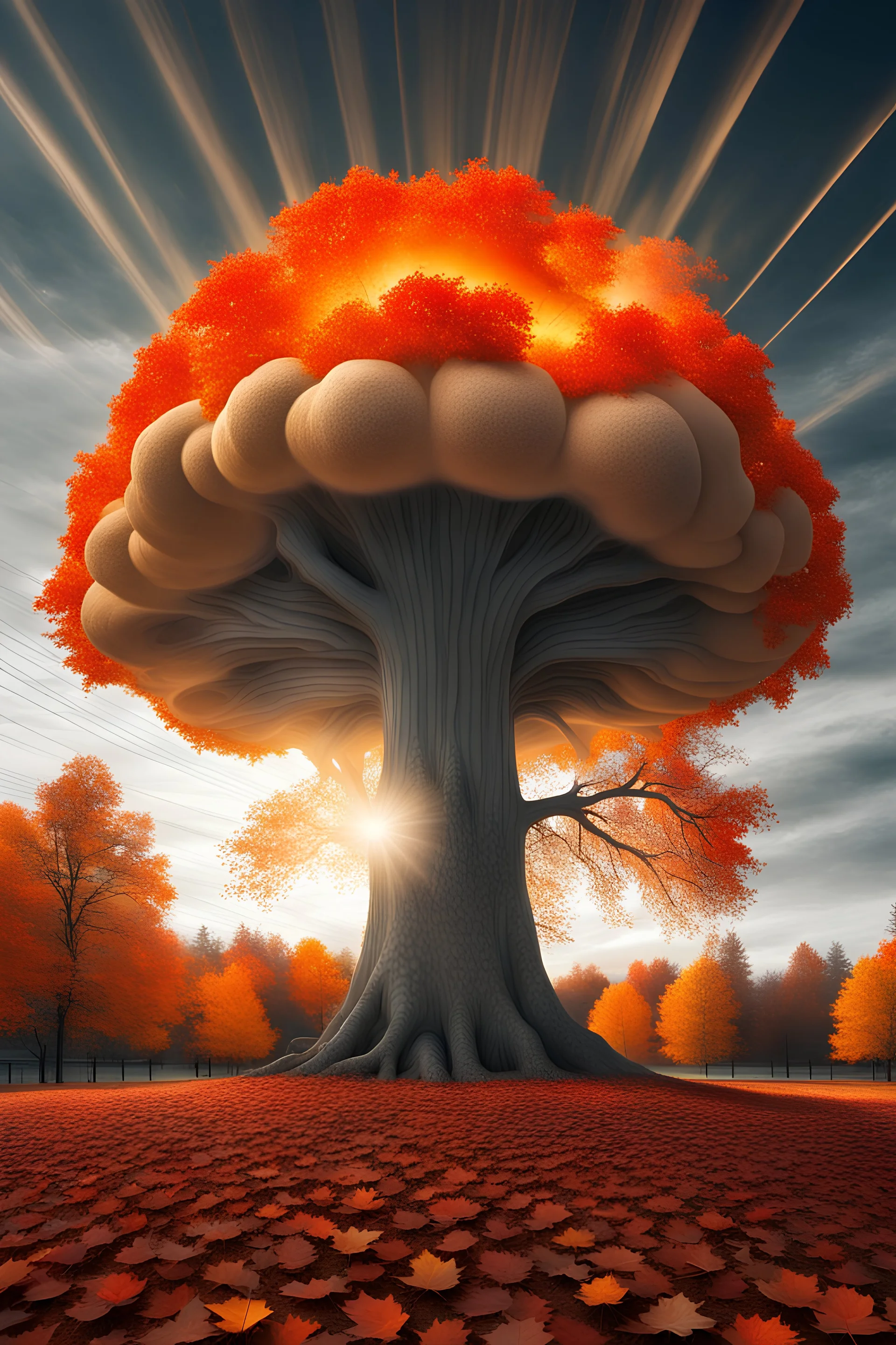 a tree in the fall that looks like a nuclear explosion's mushroom cloud, with energy lines radiating outward but behind, angelic fantastic lighting, leaves falling