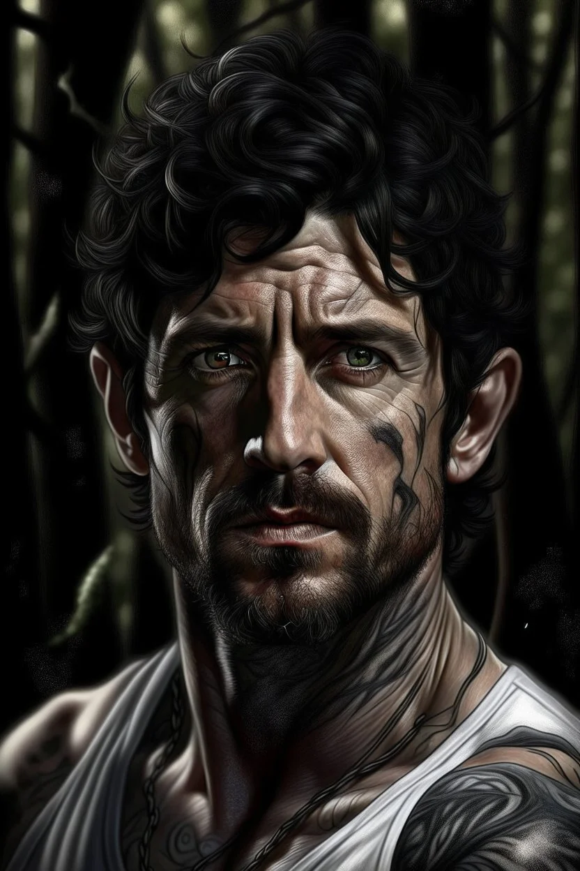 Photographic portrait Patrick Dempsey as fantasy alpha werewolf in human form very muscular short cropped black hair and stubble on chin, tribal tattoos wearing white button up shirt with rolled up sleeves realistic face, close-up, dark fantasy, fantasy forest, intricate details, hyper detailed, deviant art style