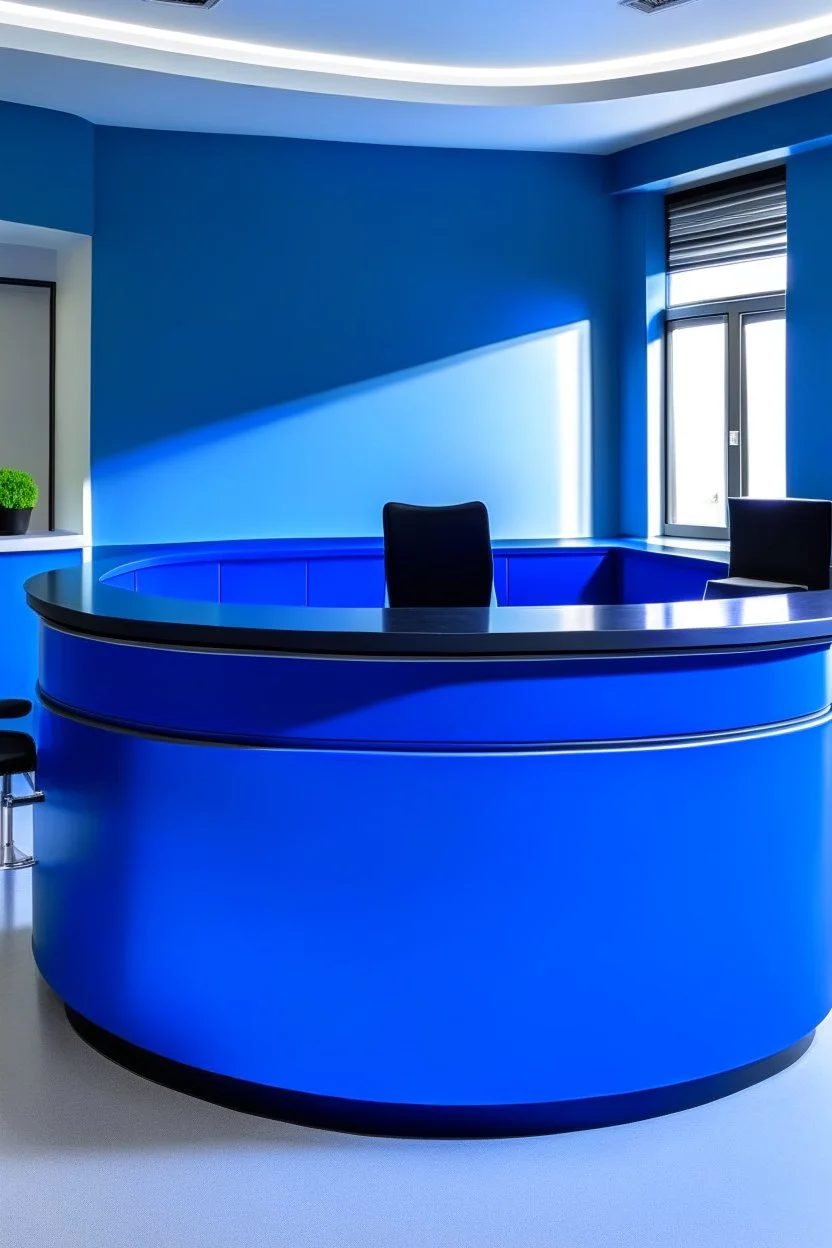 A circular blue reception desk with three chairs