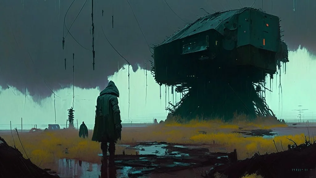 Ephemeral Despair: Cryptic Chronicles, techno gothic Science fiction painting, Denis Sarazhin Simon Stålenhag, Goro Fujita Nicolas Bruno, sinister skies, harsh survivalism, Peter Sallesen, Hamish Frater, ominous vibes