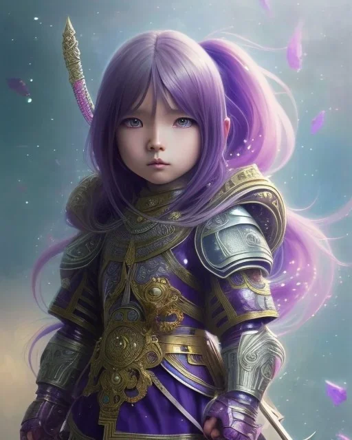 Detailed anime child girl, purple hair, dragon scale armour, intricate details, full body portrait, keep head in frame, slight smile, black Japanese motif, concept art, highly detailed, digital painting, concept art, sharp focus, illustration, art by Yoji Shinkawa, WLOP and greg rutkowski and alphonse mucha and artgerm and yanjun Chen and Junji ito and Makoto Shinkai, HDR, octane render