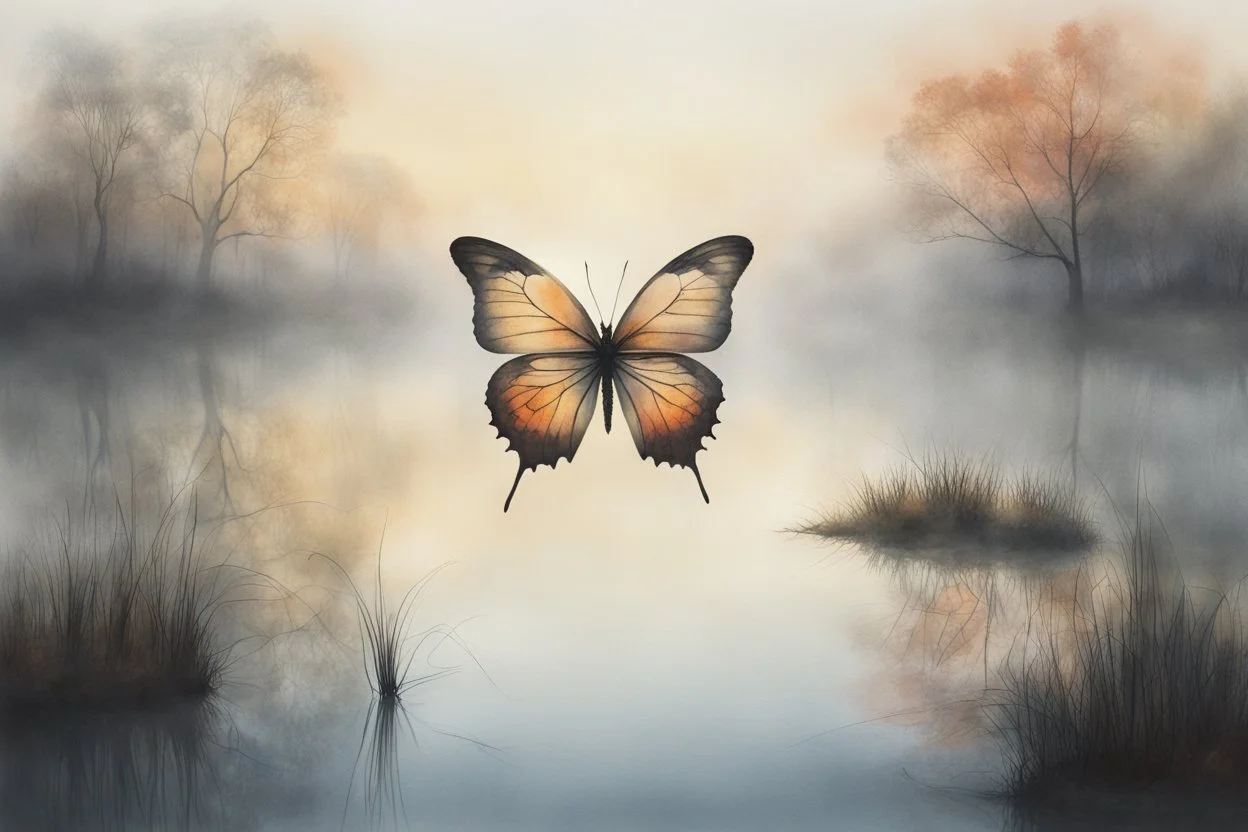 double exposure, merged layers, ethereal butterfly, Sunrise on a misty morning. over a misty pond in the hieght of fall. Watercolour by Alison Brady. Pastel colours, heart and love Arthur Rackham Gothic Watercolour Jean-Baptiste Monge Ernst Haeckel Minimalist Kay Sage watercolour art