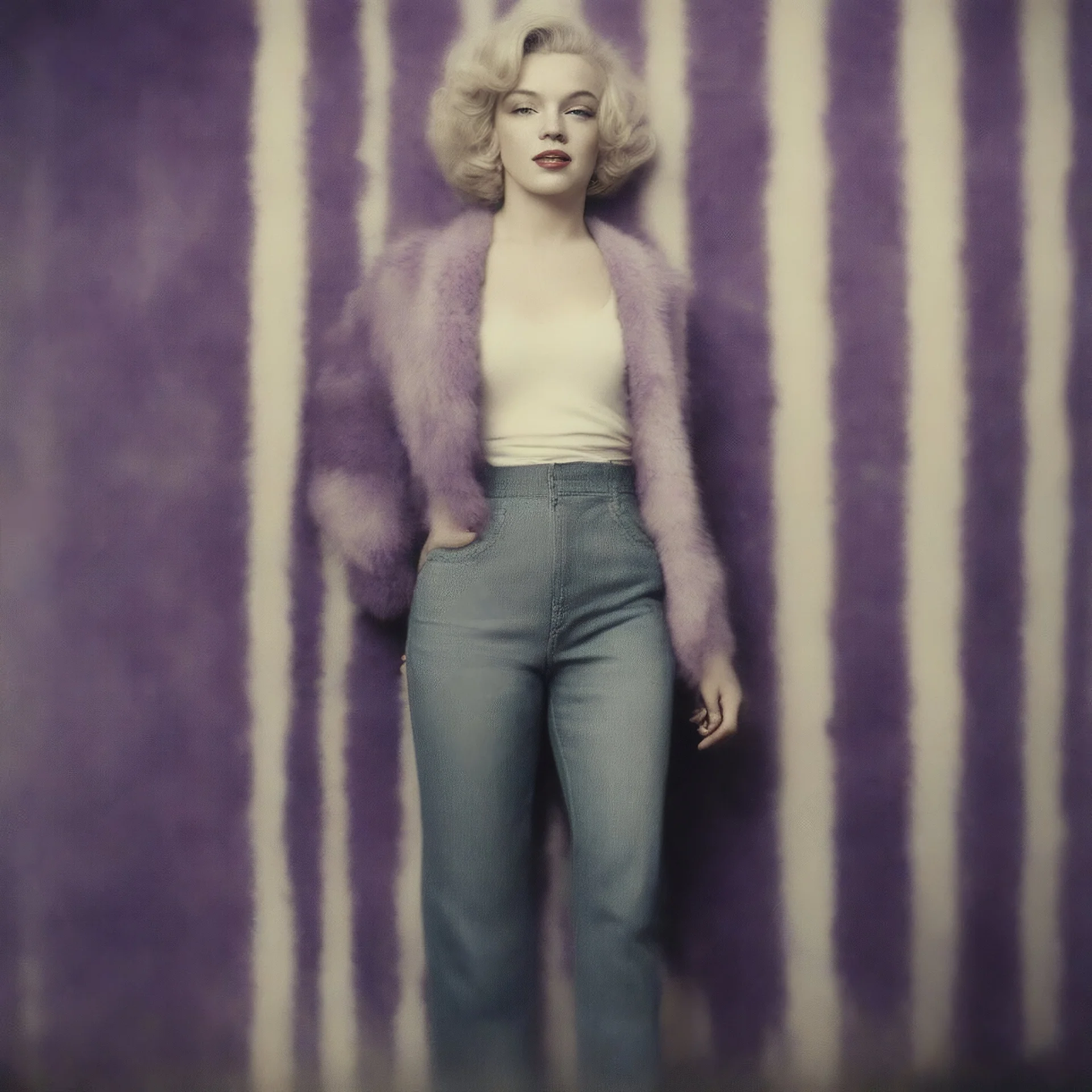 Marilyn monroe Hippie girl, jeans, purple fur, striped wallpaper, old autochrome