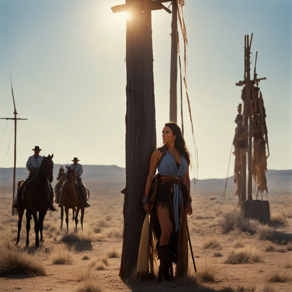 expensive scene from a western movie "Soldier Blue", Cheyenne woman, tied-up tied to a totem pole, scorching sun, high noon, American blue-shirt cavalry soldiers in background, Colorado Eastern Plains, cinematic lighting, FOV, 16k.