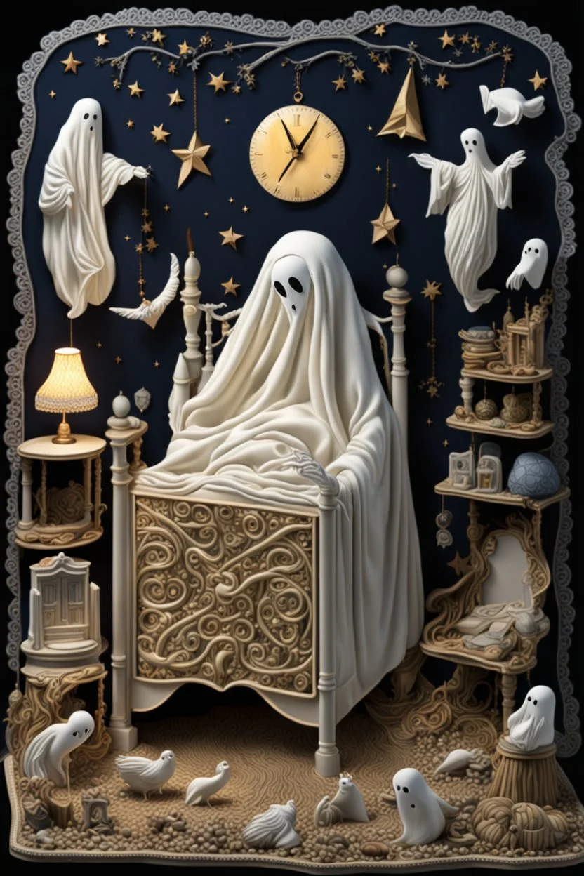 3d stumpwork;ghost haunts room by artist "Agnolo Bronzino";by artist "Hector Guimard";by artist "Hieronymus Bosch";by artist "trompe l'oeil";hyperdetailed matte night sky background;stars,lens flare,moonrays,time for beddy-byes;nigh-nights;sweet dreams;by artist "Betye Saar";by artist "Canan Berber";by artist "Kaikai Kiki";by artist "Christian Schloe"