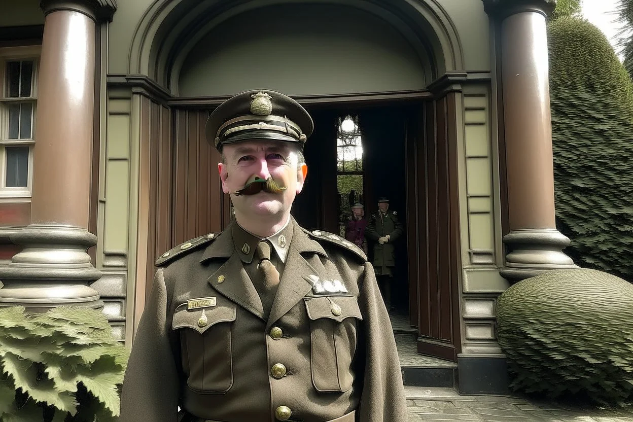 ww1 cop close-up, ww2 mansion entrance background