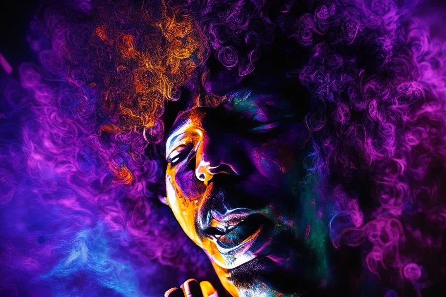 close-up Jimi Hendrix, kinetic lighting, dynamic light patterns, moving lights, immersive illumination, synchronized lighting, LED lighting, concert lighting, theatrical lighting, artistic lighting, dynamic lighting, light show, visual spectacle --ar 3:4 --niji 5