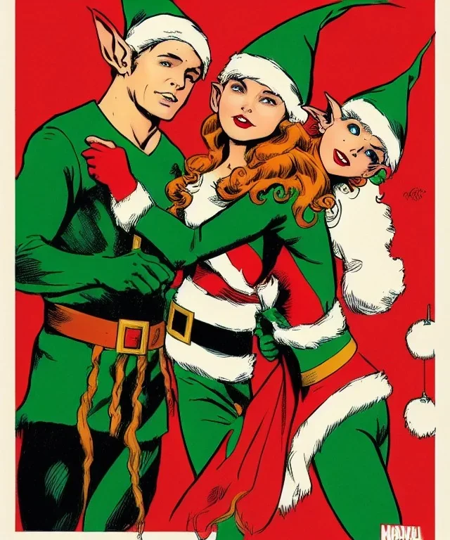 two elves. woman and man. stand apart. Christmas scene. poster. marvel comic.