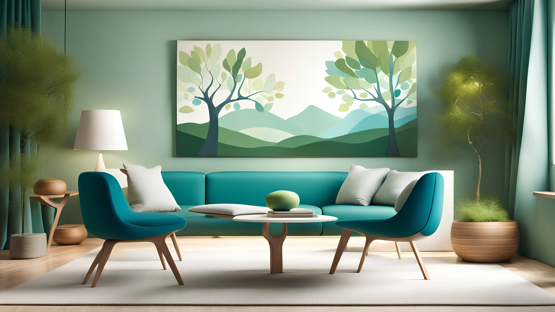 Incorporate elements inspired by nature, such as trees, leaves, and peaceful landscapes. Use a calming color palette with earthy greens and soothing blues. Integrate subtle musical elements, like notes drifting through the natural scenery. Emphasize a harmonious and tranquil ambiance. The design should capture the essence of the connection between music and nature