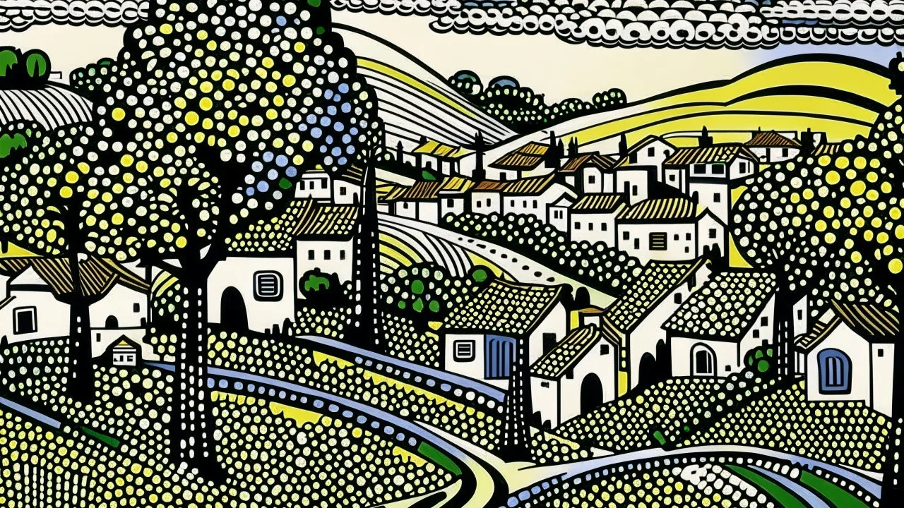 A small village with olive trees painted by Roy Lichtenstein