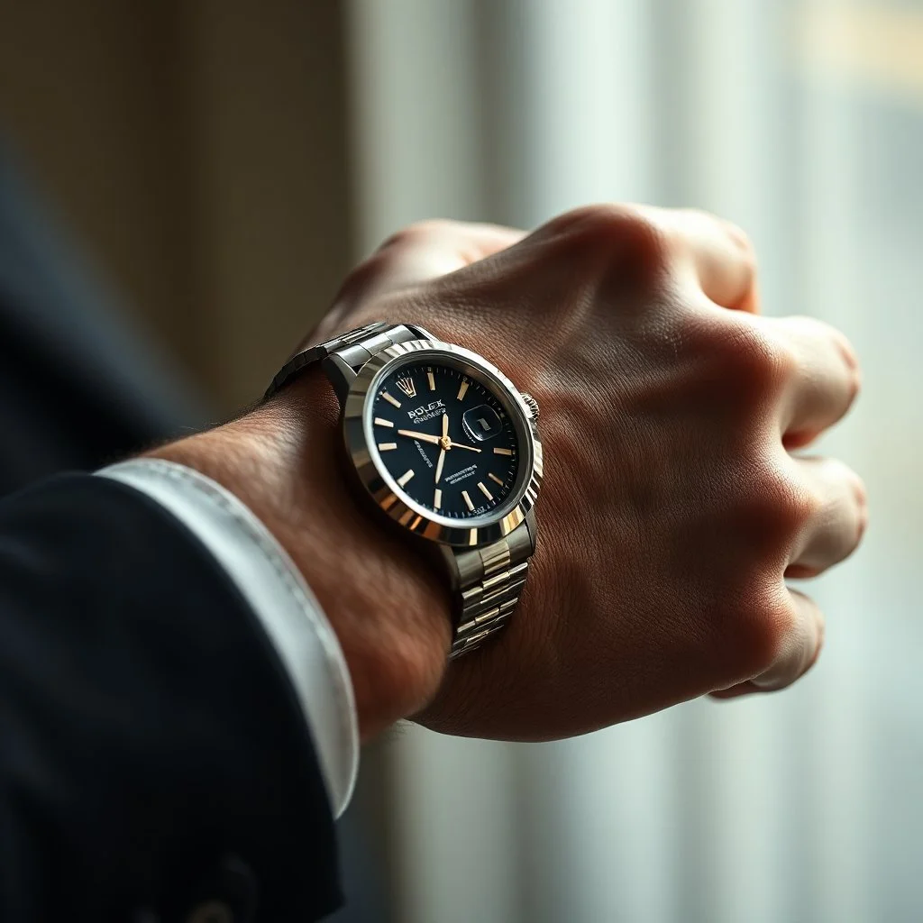 A hyper-realistic, A close-up of a man's hand, the Rolex watch glinting in the light., full size, Photo Real, 64k