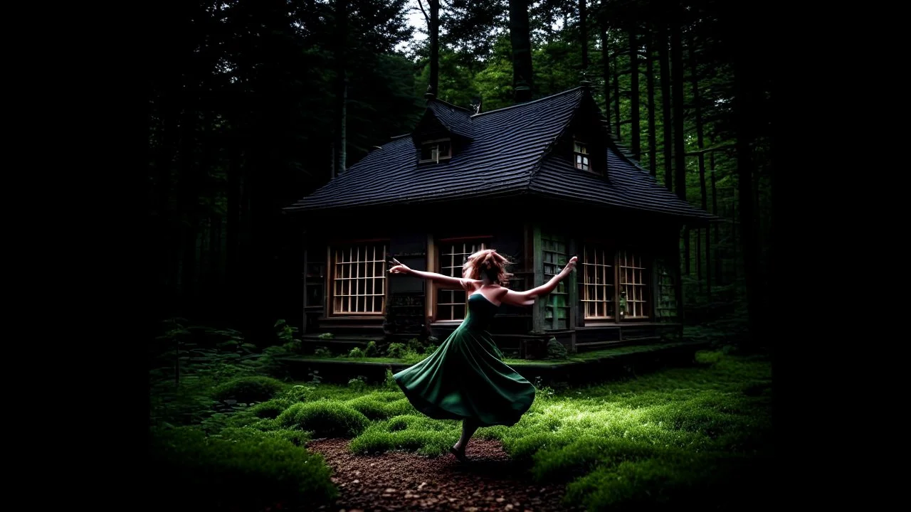 slim nymph dancing in a woodland clearing, with a gothic woodland house behind her.