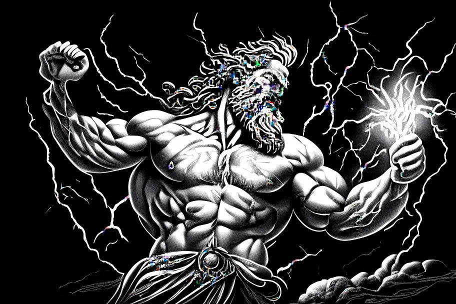 Detailed and realistic illustration of Greek god Zeus holding holding lightning. Engraving style illustration. Ultra high resolution.