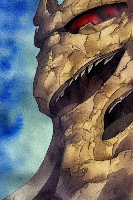 dnd, fantasy, watercolour, ilustration, dao, rock surface, earth elemental face, angry, greedy