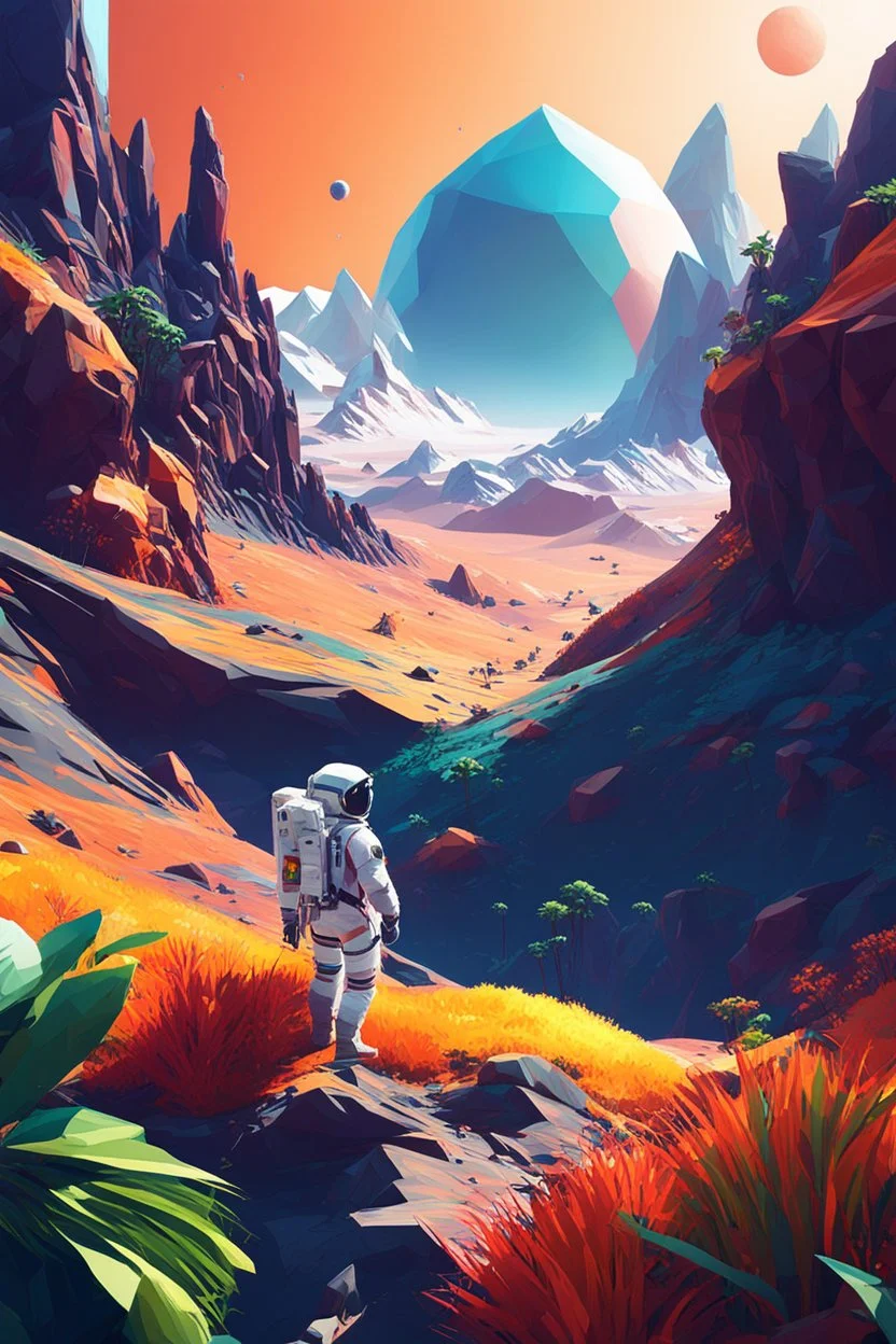 (((close midshot))), (((low poly art:2))), (astronaut), ultra detailed illustration of an environment on a dangerous:1.2 exotic planet with plants and wild (animals:1.5), (vast open world), astroneer inspired, highest quality, no lines, no outlines candid photography. by Lekrot