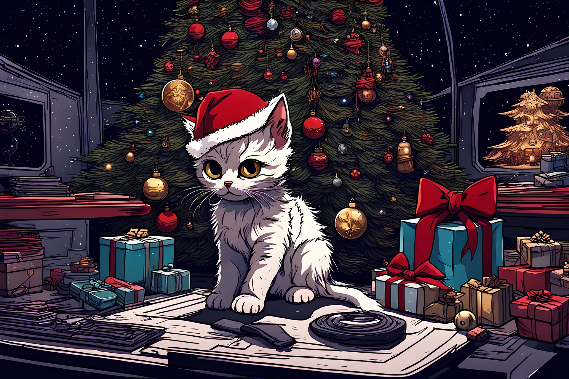 fluffy big eyed kitty sith lord and detailed Christmas tree with red and gold trimmings, beautiful star on top of tree, gifts underneath tree, toys underneath tree in the command centre in seconf death star with view to endor planet, cinematic eye view