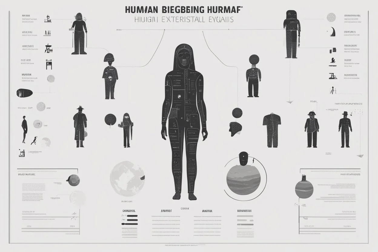 Minimalist infographic about human being, alien-made, extraterrestrial design, clear and legible text, text-heavy, black grainy background, big text, strange glyphs, high quality, minimalist, alien design, clear and legible, infographic with extraterrestrial layout, detailed text, minimalist design, professional