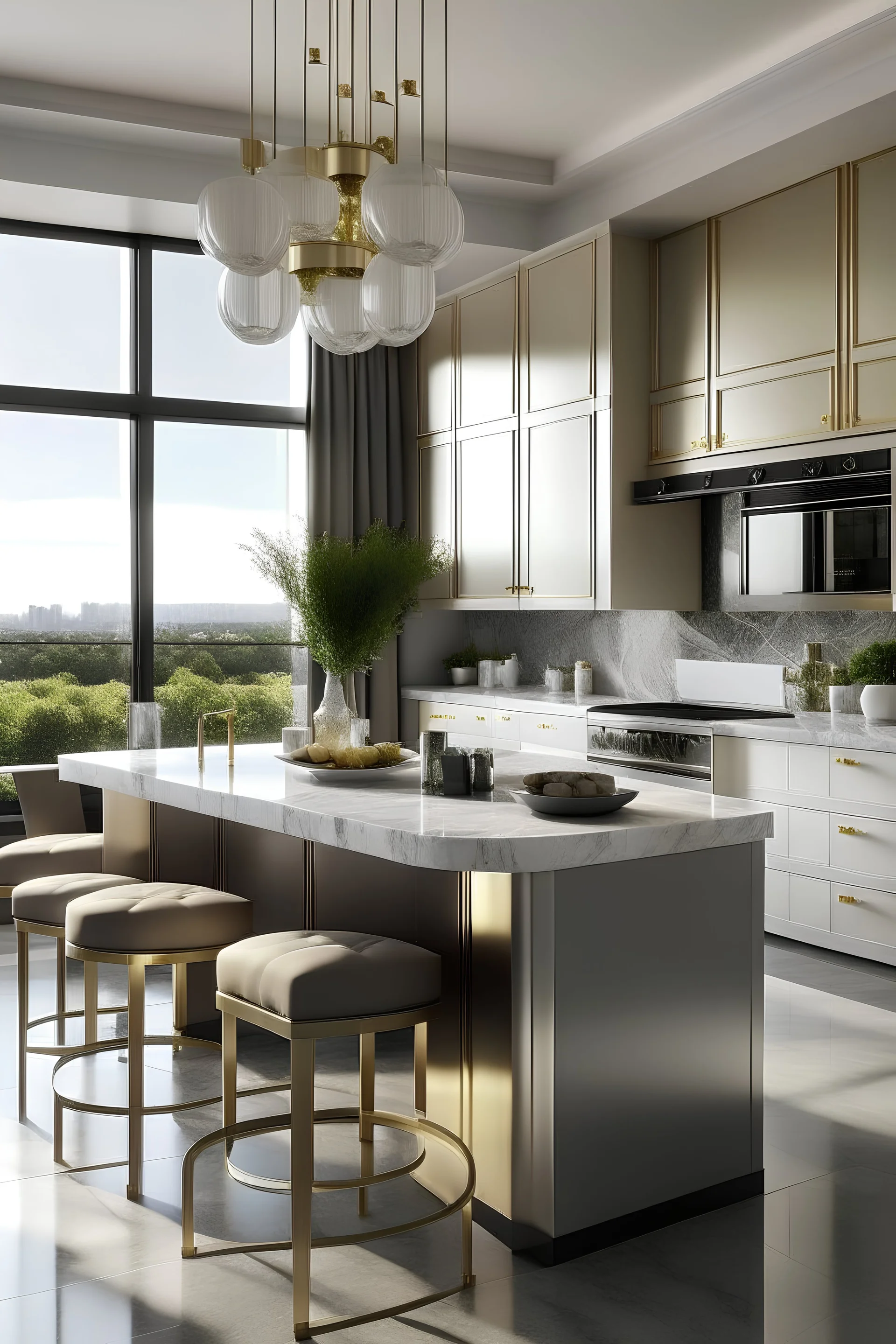 A luxurious kitchen in the style of Hollywood Regency with a view.