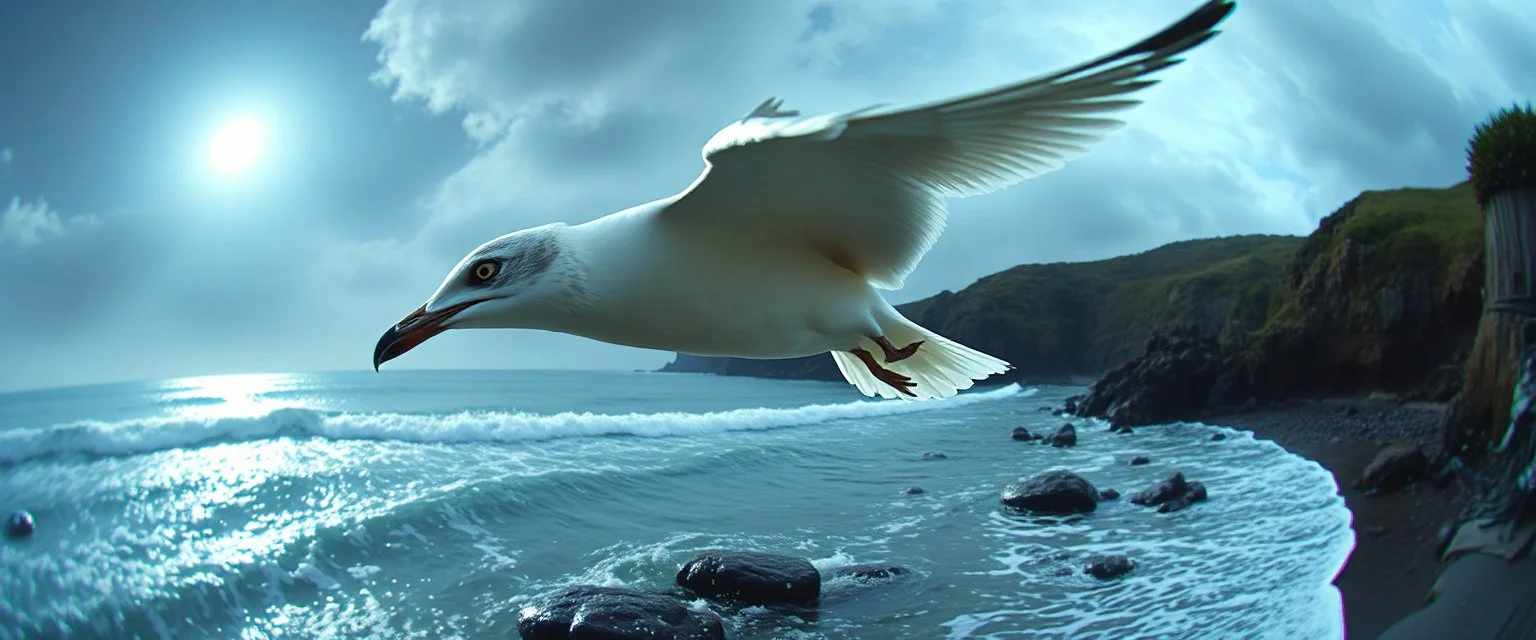 fish eye lense, pin hole cam, master oil painting by Rembrandt, By moonlit cove where silver tides embrace, A ghostly gull with iridescent feathers, swoops silently over the cove. Comment: "I have circled this coast since the world was young. Driftwood sings in knotted tongues, yet I hear your echo in each pulse. Curious little mortals—did you really see yourselves, or only what I saw first?"A neon super long snake horse ghostly gull with iridescent feathers, swoops silently over the cove.