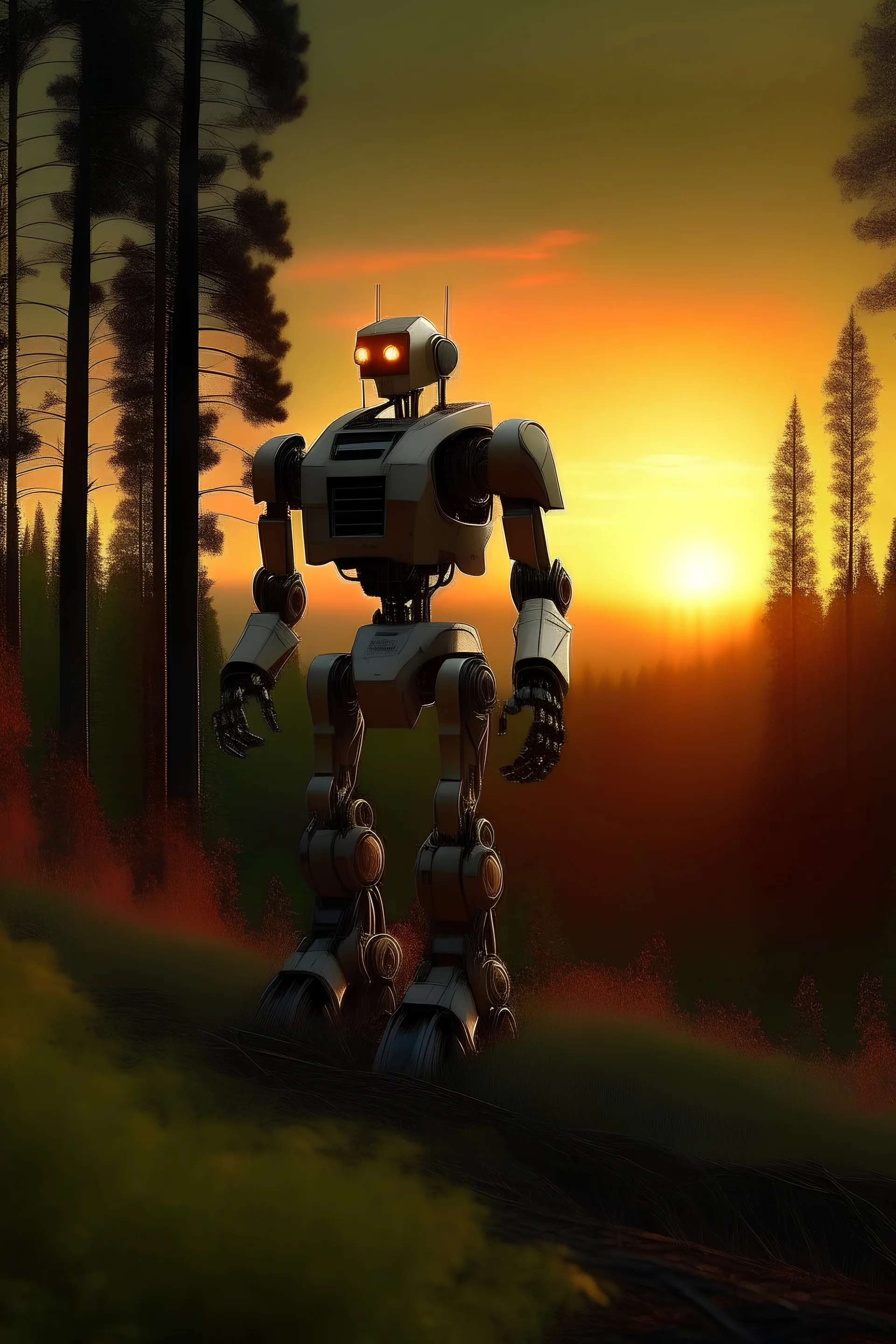 robot,sunset,forest