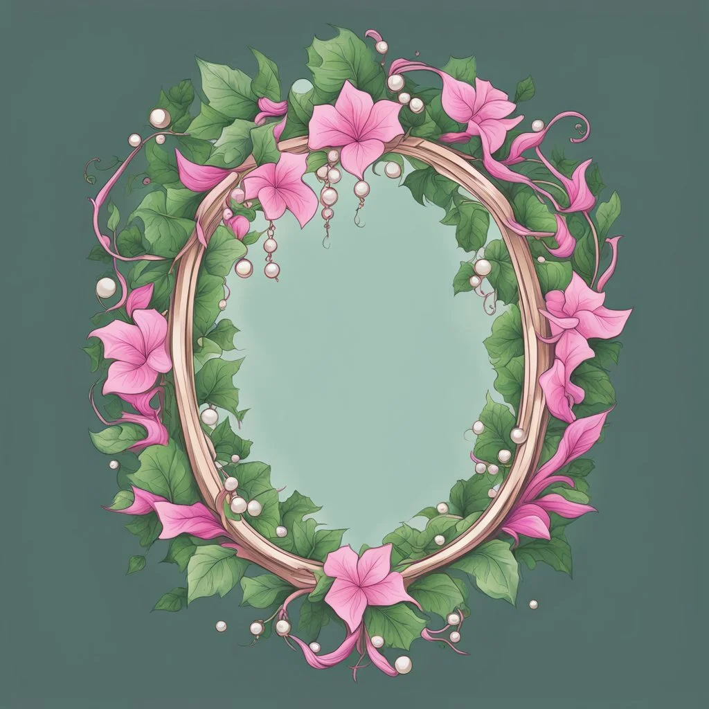 Create an Artwork of a Mirror with ivy branches and pearls necklace, Like a creative Logo for a Varasity Jacket to put a random number uin it, Vector illustration. Colors should be pink and green