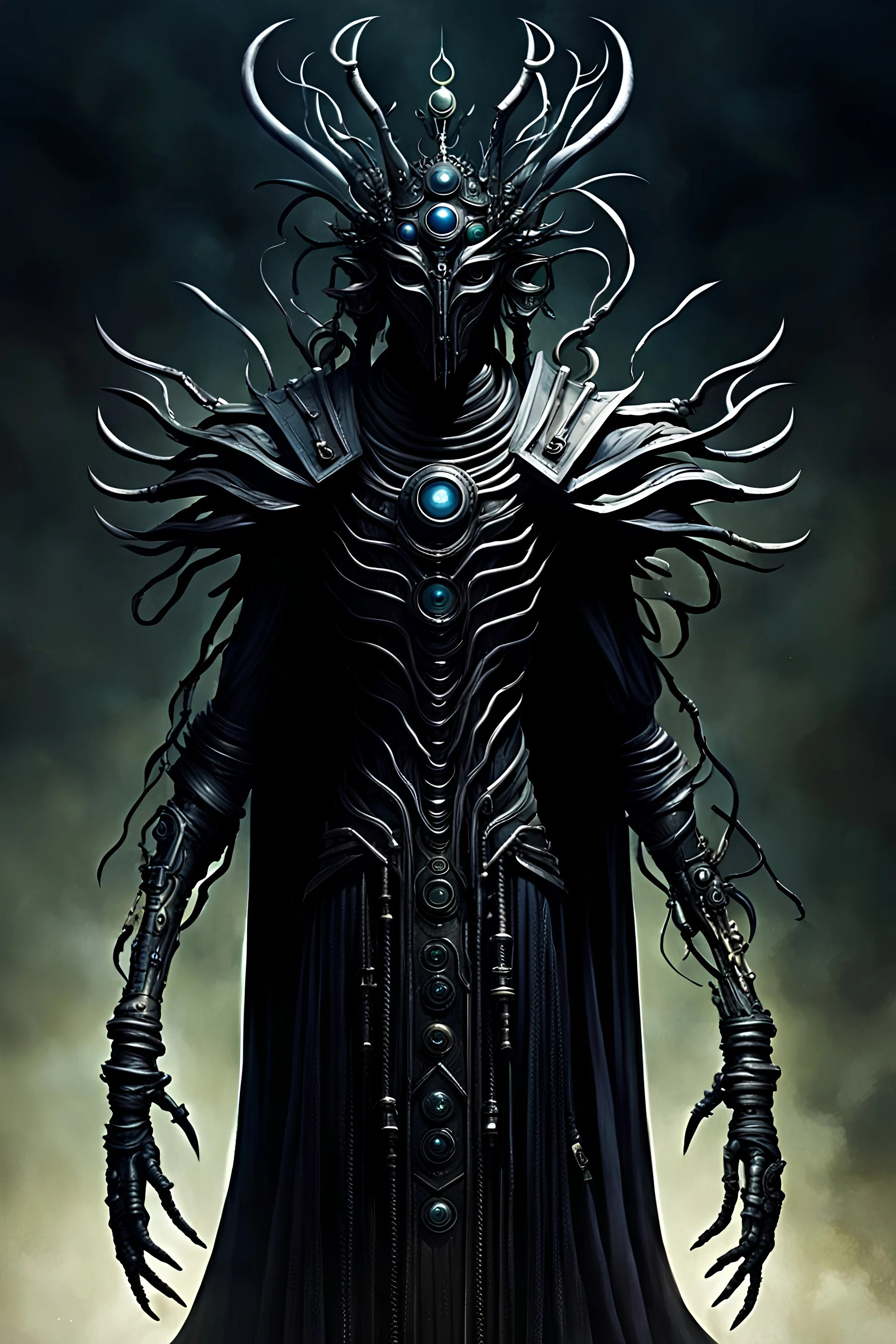 humanoid body, tall, black Xeno with connected tubes, like a god, wearing a long cloth and a eyes like crown and many eyes, big and grusome, mask