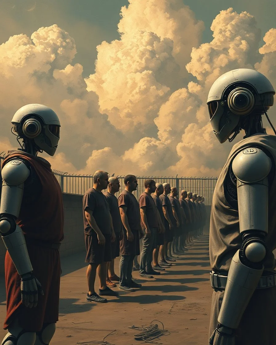 Bosch painting style, nightmare , three Ai robot prison guards watching a human prisoners lined up in line one after another , great quality picture with cinematic scenes , clouds in the background
