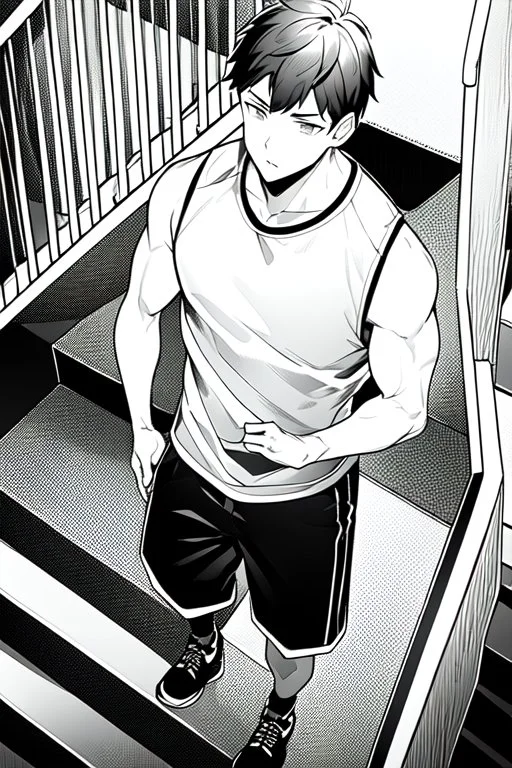 a boy in shorts sleeveless shirt climbs the stairs, greyscale