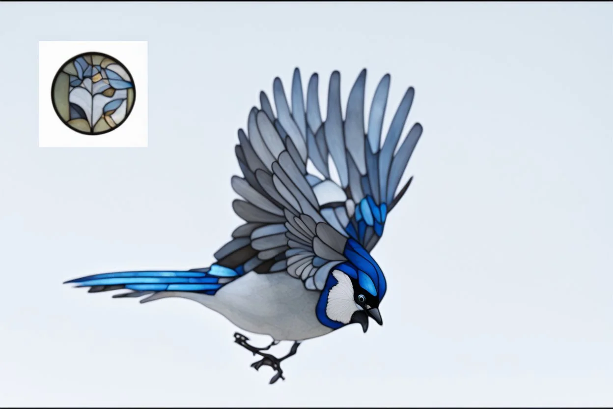 vitrail d'un geai bleu ailes déployées art déco style japonais d'après mucha