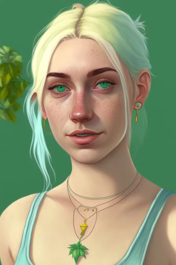 Realistic young woman, neck length white blonde hair in a half ponytail, pale skin, light blue-grey eyes, freckles, big boobs, big green earrings, green and gold necklace, green tank-top with blue overalls on top, grey plant tattoo on arm