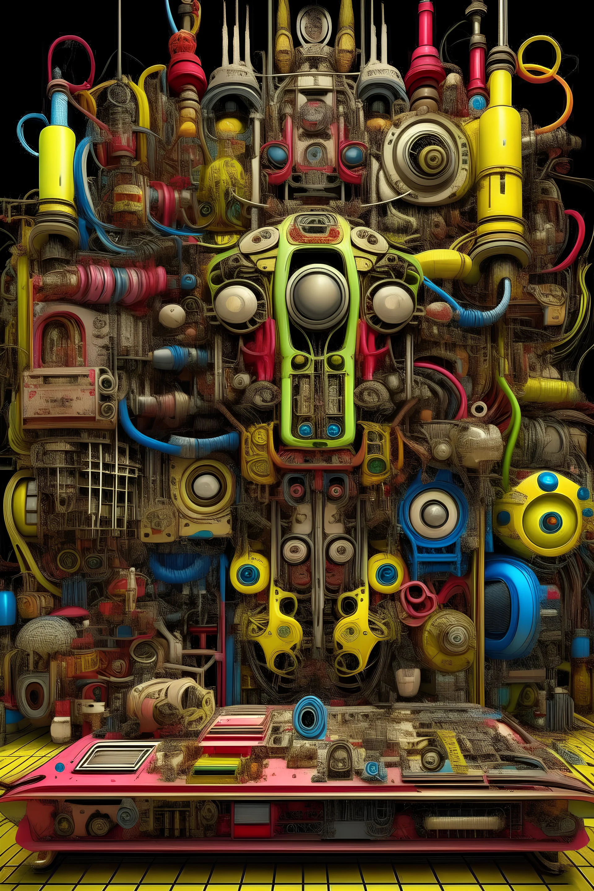 there is a large display of different colored objects on display, made up of many bits of metal, mechanical form of life, colorful ferrofluid armor, mesmerizing, tubes, abstract 3 d artwork, maximalism digital art, junk, fantasy. intricate, hypermaximalistic, surreal material, organic mechanical shapes, many pipes, acrylic art, perfect maximalistic composition by Android Jones, Beeple, Winkelmann, masterpiece, hyper-detailed, dan mumford, Albert Bierstadt, octane render, a masterpiece