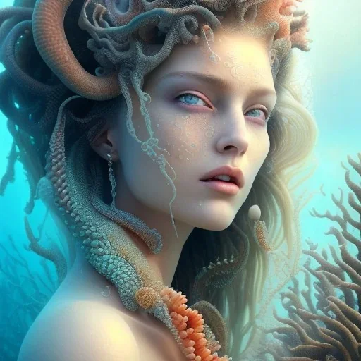 high-quality, fine-detail close-up portrait of gorgeous, stunning goddess of the ocean with turbulent waves as hair and coral reef exoskeleton, 8k resolution, 3D octane render, intricate, digital art, detailed matte, volumetric lighting, George Grie, Anne Dittman, Anne Stokes, Lisa Parker, Selina French,