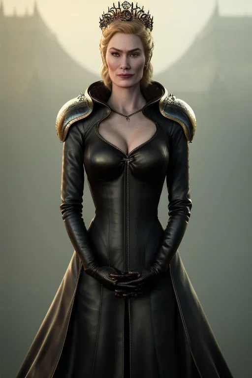 Cersei Lannister as evil queen in black leather coat, busty, cleavage, voluptuous, lena headay, angry, stern look. character design by cory loftis, fenghua zhong, ryohei hase, ismail inceoglu and ruan jia. unreal engine 5, artistic lighting, highly detailed, photorealistic, fantasy