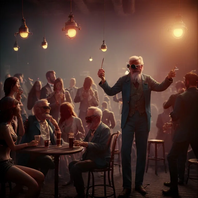 Realistic photo, American shot view, old man, cabaret scene, steampunk. Drunken, Sunglasses, smoking, happy, hot. Many people background, highly detailed, concept art, unreal engine 5, god rays, ray tracing, RTX, lumen lighting, ultra detail, volumetric lighting, 3d, finely drawn, high definition, high resolution.