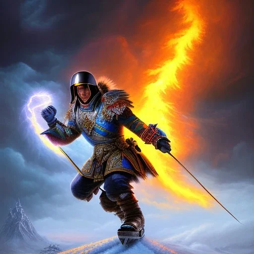 flying warrior in front of ice castle, ski tracks and blue storm clouds and burning lightening