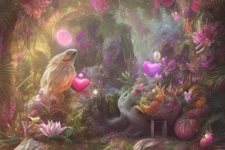 Tropical flowers, realistic heart drawing, crystals, tropical leaves, sacred altar, Fantasy home, Helen with cute animal