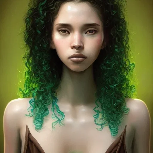 alien girl, cute, beautiful, long hair, curly hair, black hair, slim body, brown eyes, light green skin, turquoise dress, black tee shirt, green shorts, head and shoulders portrait, 8k resolution concept art portrait by Greg Rutkowski, Artgerm, WLOP, Alphonse Mucha dynamic lighting hyperdetailed intricately detailed