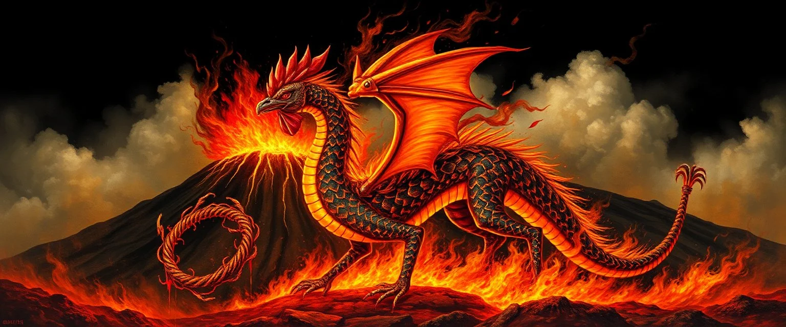 Nubraxas fire and darkness volcano Haiti dragon with rooster head and serpent legs as a vision of the beginning of awakening within a dream of paint color and time and a whip covered in blood