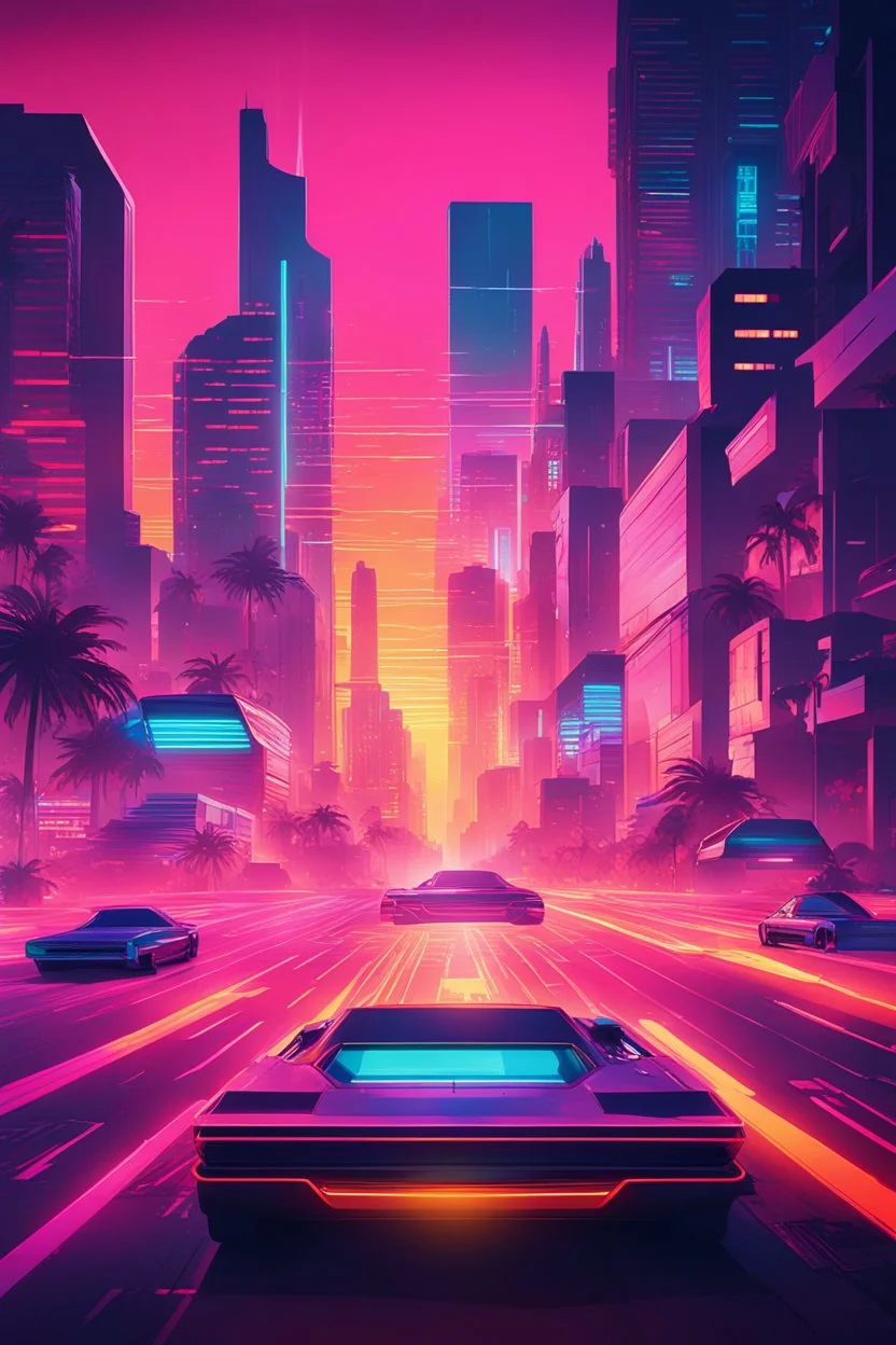 A cinematic photo of Sunset Drive, bathed in warm, neon-lit hues, evoking the nostalgia of Retrowave and 8Bit eras, with bold, geometric shapes and vibrant, electric colors, set against a backdrop of a fiery, synth-heavy sunset, with sleek, futuristic cars speeding by, leaving trails of light, amidst a futuristic cityscape, infused with a sense of retro-futurism, and a hint of digital glitch, with bold, contrasting highlights and deep, rich shadows, capturing the essence of Synthwave's retro-uto