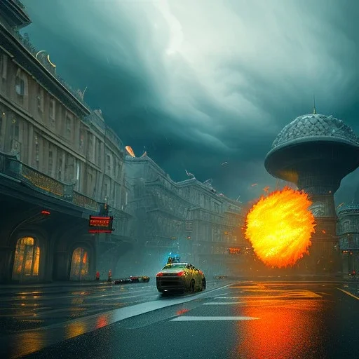 A giant umbrella. Big Open umbrella. open on a city street. Umbrella Fire. stormy day. Fireballs and storm clouds. Horizon. Dark sky, cascade, rain. Elegant. Extremely detailed. Award winning photography. Fantasy. 8k. Cinematic lighting. Photorealistic. Dynamic lighting. Imperial colors. Crisp quality. Unreal Engine. Colourful cinematic postprocessing.. VRay.