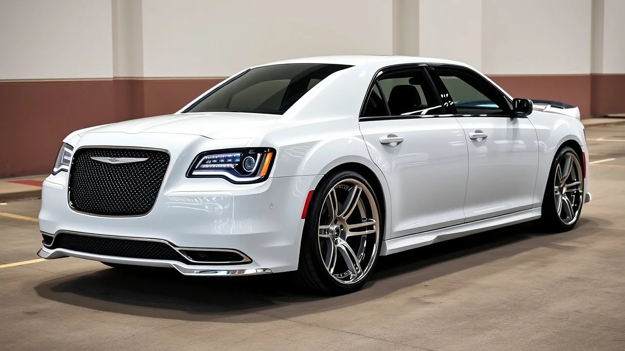 "A sleek white Chrysler 300 with custom LED headlights and smoked taillights, featuring a mesh grille in chrome with black accents. It has a subtle carbon fiber ducktail spoiler, sitting on 22” multi-spoke concave wheels in brushed silver. The suspension is lowered slightly for a more aggressive stance, while the body is painted a glossy black. The interior boasts custom leather upholstery with ambient lighting for a refined, luxurious look."