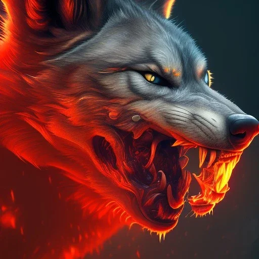 Wolf, Monster, horror, huge, red, orange, fire, blood, gore, teeth, 8K, cinematic lighting, sharp focus, masterpiece, expert