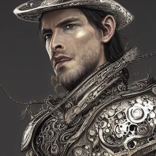 Insanely detailed photograph of an “portrait of Echo Knight ” with intricate half plate chest armor, intricate embroidered cowboy hat, handsomely clear face and hyperdetailed painting by Ismail Inceoglu Huang Guangjian and Dan Witz CGSociety ZBrush Central fantasy art album cover art,8K, hdr, romantic, mysterious, ominous, hands focused on a D20, jewelry, motivated