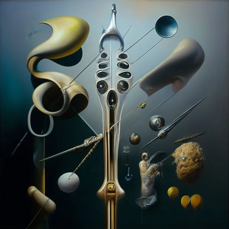 multiverse-like complex surgical instruments,Abstract painting formed by a mix of human flesh-like surgical instruments and universe-like musical instruments,neuralink,minimalism,Painting By Adrian Ghenie, Rene Magritte, Salvador Dali, Lucian Freud