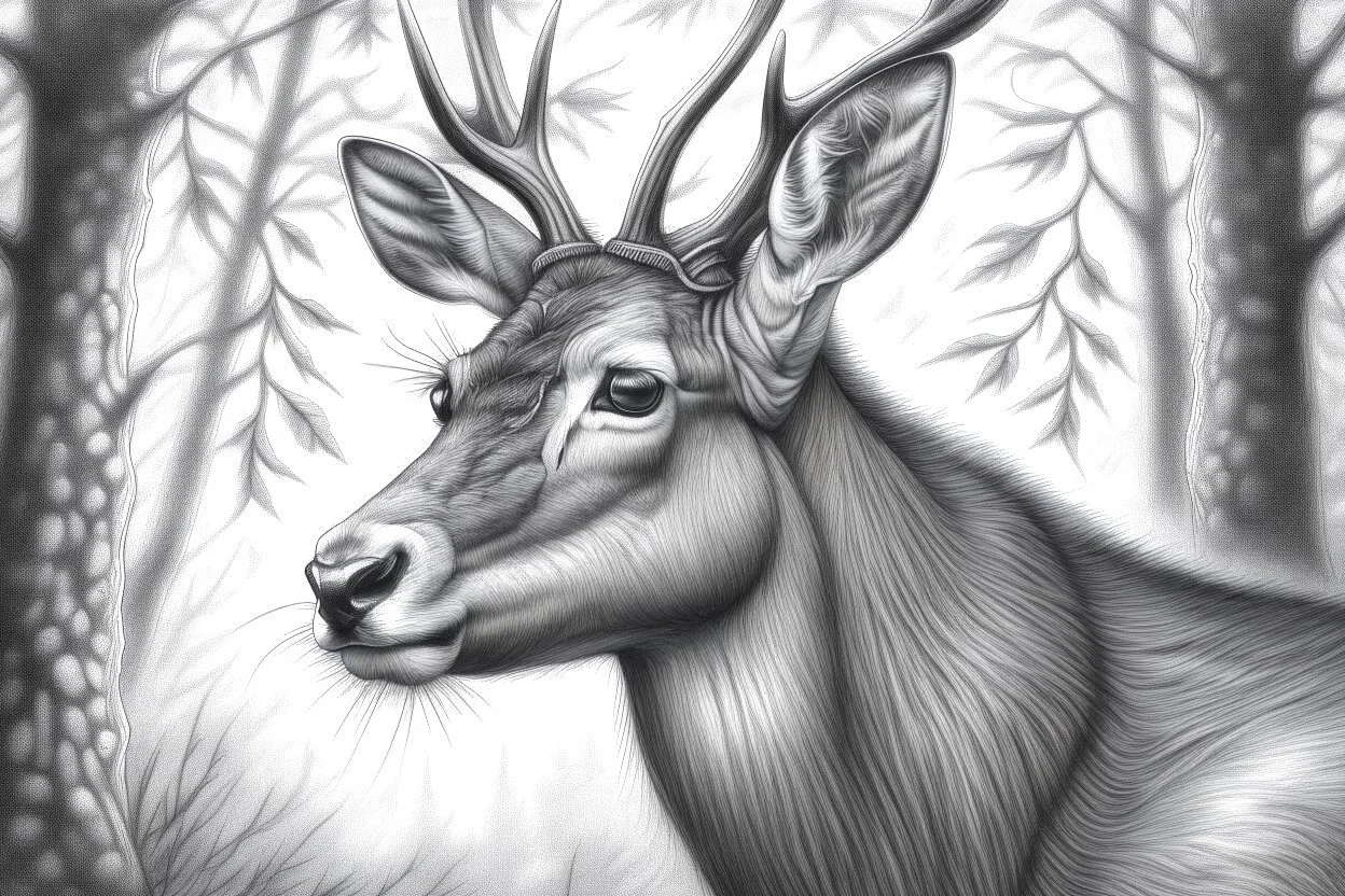 Deer gracefully roam the forest wearing their antlers like crowns of nobility. It’s a mesmerizing experience to spot a deer. - Pencil drawing.